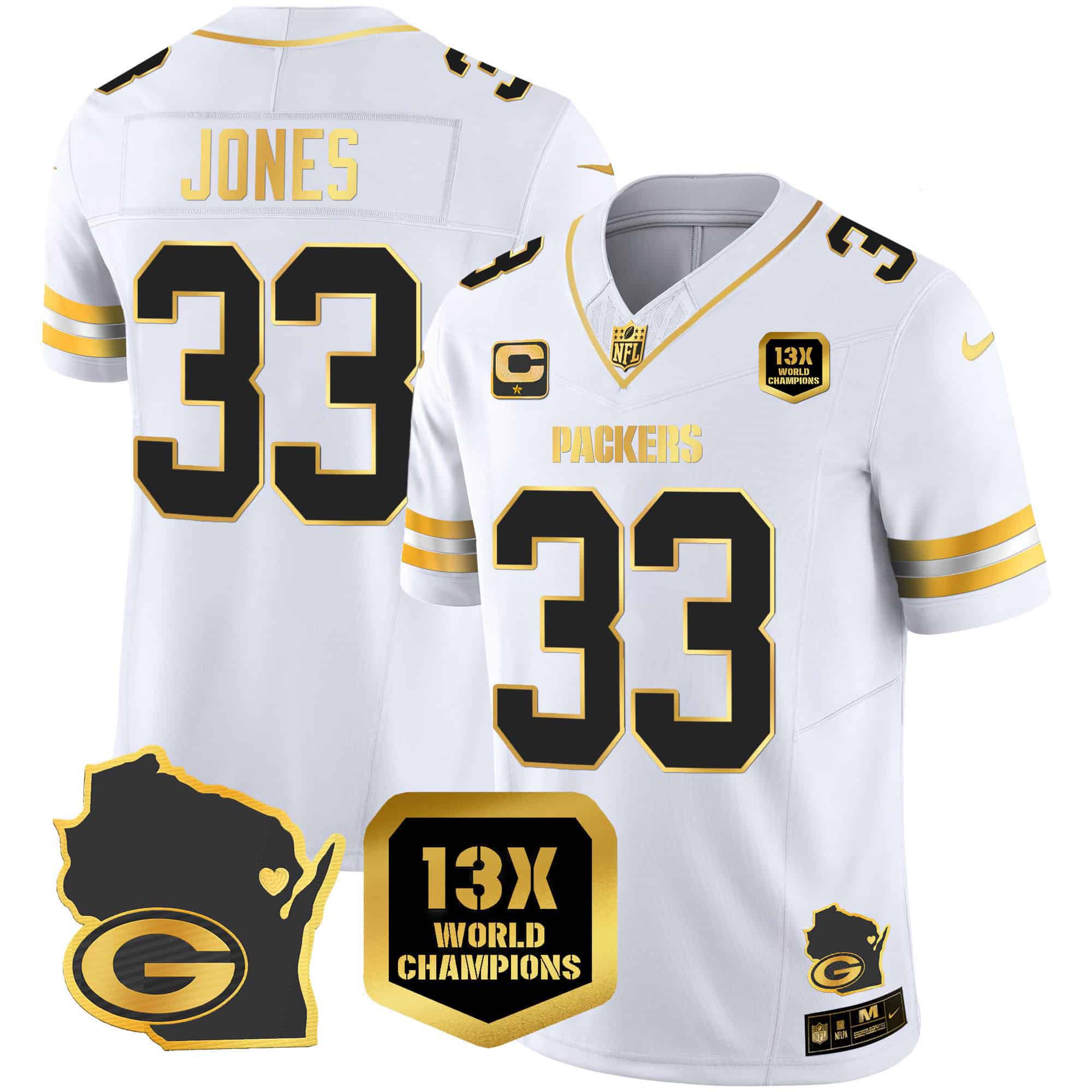 Men Green Bay Packers 33 Jones White Gold 2024 Nike World Champions Home Patch Vapor NFL Jersey